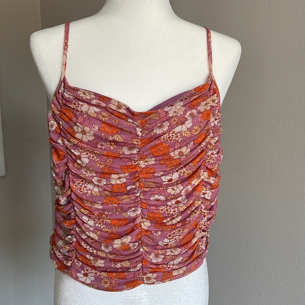 Floral Ruched Women's Top - Pink and Orange Size XL